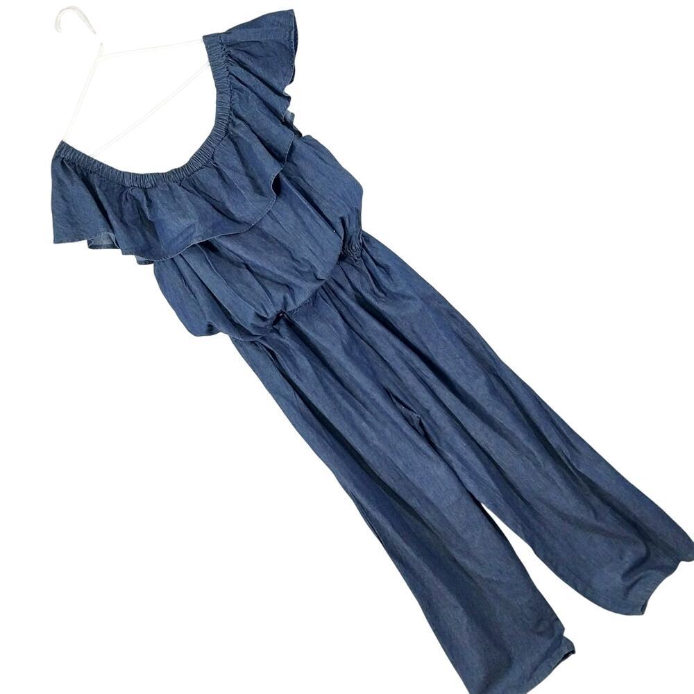 ASHLEY STEWART! BLUE DENIM RUFFLED SHOULDER ONE PIECE JUMPSUIT, ONESIE! SZ 22